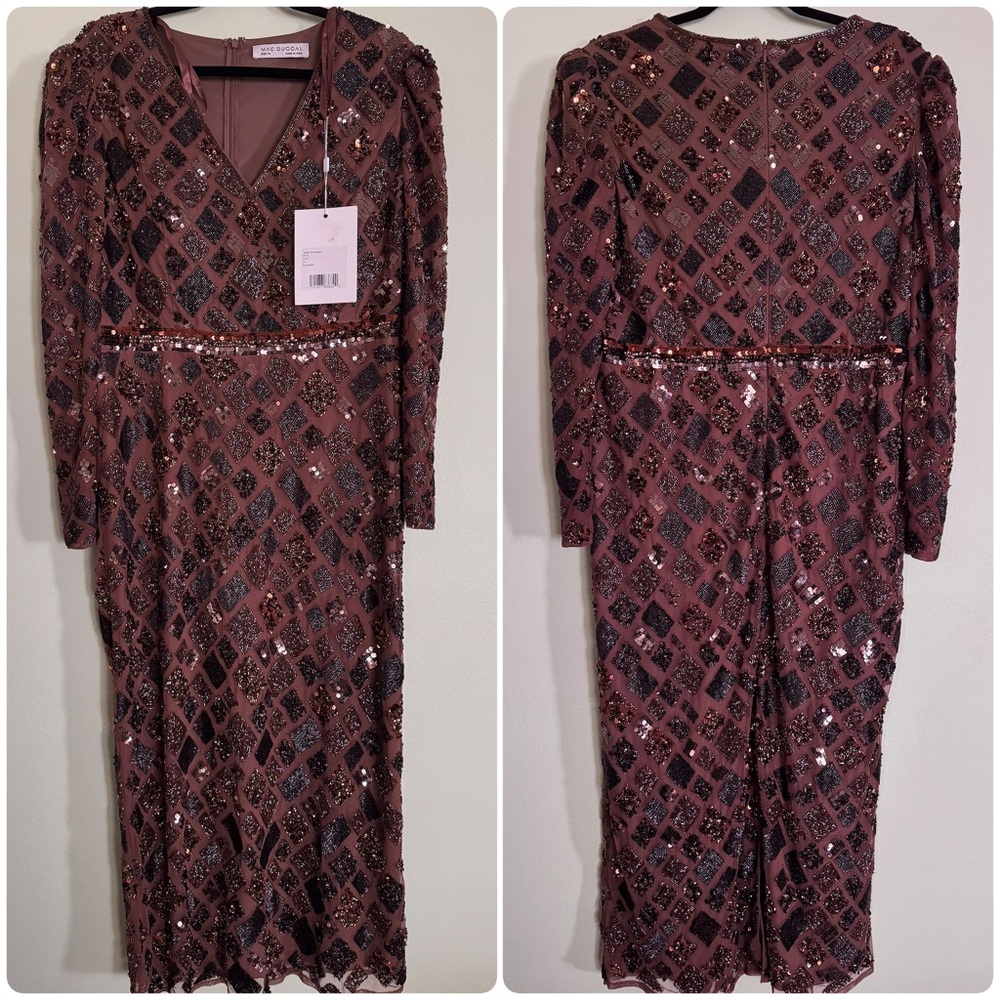 MAC DUGGAL size 14 Brown Geo Embellished Midi Sheath Dress - Picture 5 of 9